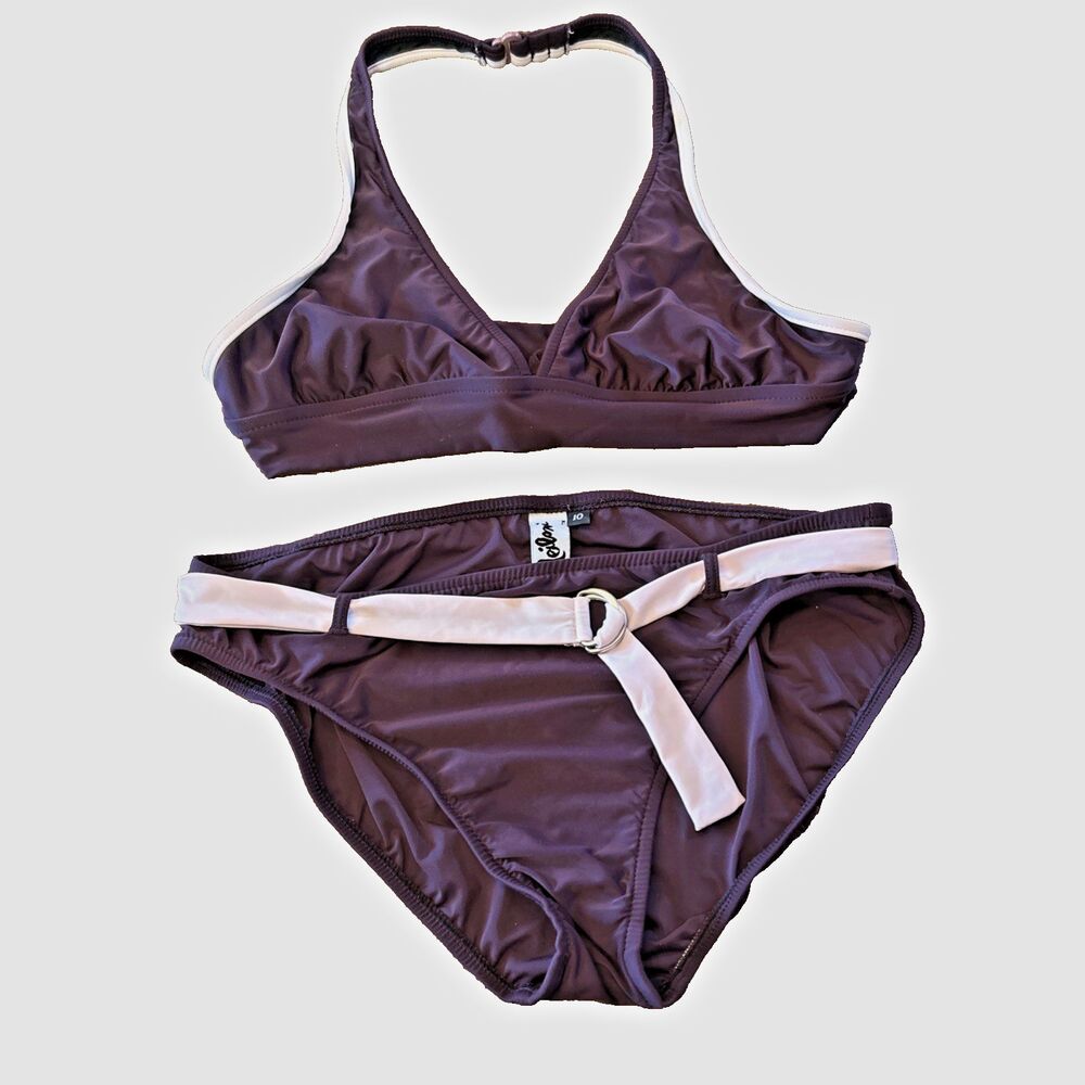 Leilani Bikini Belted Purple Vintage Sz 10 Triangle Halter Swimsuit Modest Fanny